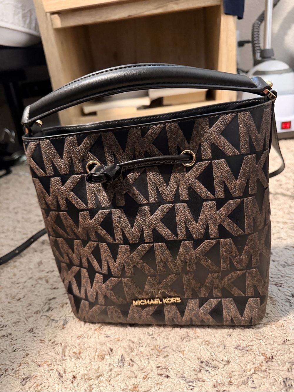 Michael Kors Black and Brown MK Logo Bucket Shoulder Bag